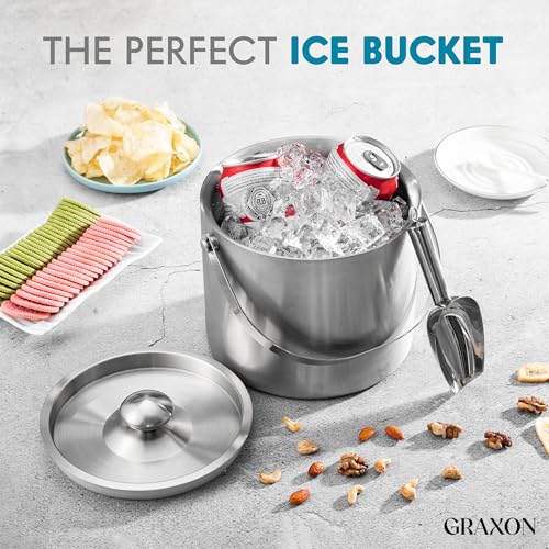 Ice Bucket (3 Liter) Stainless Steel Double Wall Insulated Ice Bucket with Lid & Scoop, Ice Buckets for Parties, Handle, K...