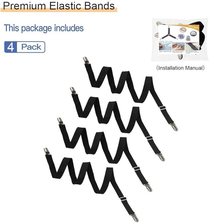 4Pcs Adjustable Bed Sheet Straps Clips, Elastic Mattress Sheet Fasteners Holder and Suspenders, Grippers to Hold Sheet, Mattress, Sofa, Couch, Table Cloth, Recliner Ironing Board Cover and More
