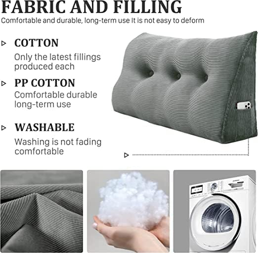 Wedge Headboard Pillow Dorm Room Reading Pillow Back Support for Sitting Up in Bed Bolster Lumbar Cushion Body Positioning Bedrest Corduroy (Dark Gray, Twin (39 * 8 * 20in))