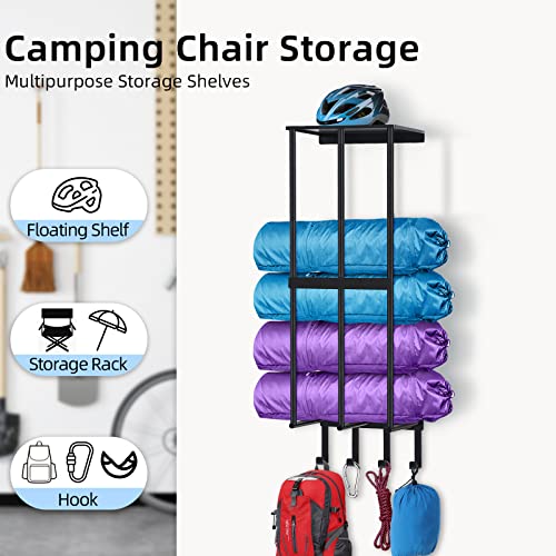 Camping Chair Wall Storage for Garage, Metal Camping Chair Storage Rack Wall Holder, Floating Shelf, 4 Hooks, Stainless St...