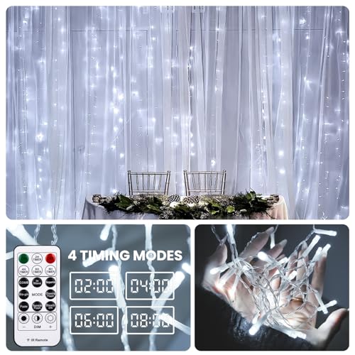SINAMER Curtain Light for Bedroom, 200LED 6.6x6.6ft White Window Wall Hanging Fairy Curtain String Light, 8 Modes Remote F...