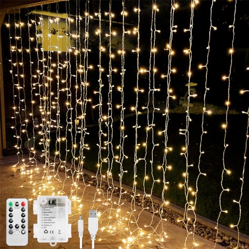 LE Fairy Curtain Lights Battery Operated & USB Plug in, Remote 10 x 10 ft Hanging String Lights for Bedroom Wall, 300 LED ...