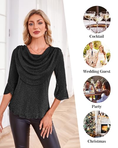 Lotusmile Blouses for Women Dressy Casual 3/4 Sleeve Cowl Neck Sparkly Tops Cocktail Shirts for Evening Party
