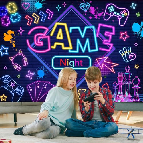 Mocsicka Game Night Backdrop Banner Glow Gaming Birthday Party Decorations for Adults Kids 7x5ft Chess Board Video Game On...