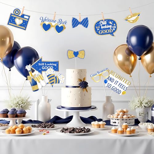 JOYMEMO 24Pcs Class Reunion Photo Booth Props, Blue Gold Best Class Ever Welcome Back Party Decorations, Reunion Party Pho...