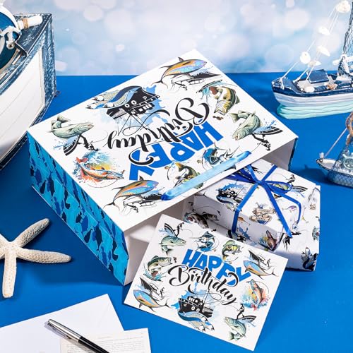WRAPAHOLIC 13" Adventure Fishing Birthday Gift Bag with Card and Tissue Paper - Navy Blue Fish and Angler Design Paper Bag...