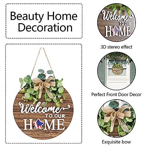 Interchangeable Seasonal Welcome Sign Front Door Decoration, Rustic Round Wood Wreaths Wall Hanging Outdoor, Farmhouse, Po...