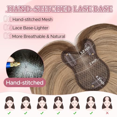 SEGO Human Hair Topper Double-Layer Hand-Stitched Thinning Hair Toppers for Women 360¡Æ3D Coverage Toppers Hairpieces Add Volume,11inch #4P27 Medium Brown Mixed Dark Blonde,20g