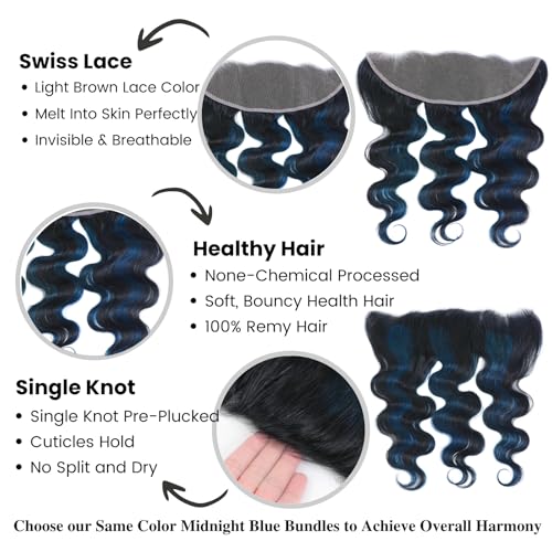 ALHER #1B/BlueBody Wave 13x4 Lace Frontal Human Hair, Black Mix Blue HD Transparent Lace Frontal Closure Ear to Ear 100% Virgin Remy Human Hair for Black Women 150% Density 18 Inch