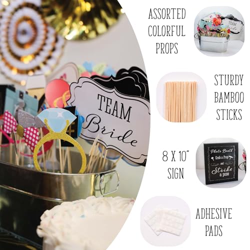 Wedding Photo Booth Props with 8 x 10-Inch Sign, 45 Adhesive Pads, 35 Wooden Sticks - Signs for Wedding Backdrop and Selfi...
