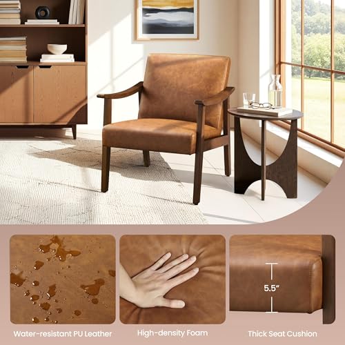 Yaheetech PU Leather Accent Chair, Mid-Century Modern Armchair with Solid Wood Legs, Reading Leisure Chair with High Back ...
