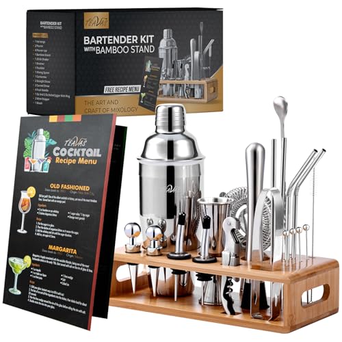 TEAVAS Mixology Bartender Kit with Japanese Jigger & Bamboo Stand - 25 Piece Stainless Steel Cocktail Making Set, Shaker, ...