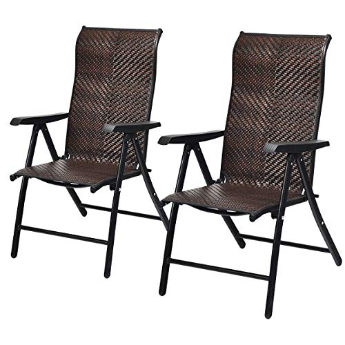 Tangkula 2 Piece Patio Rattan Folding Reclining Chair, Outdoor Wicker Portable Camping Chair with Widened Armrest, Foldabl...