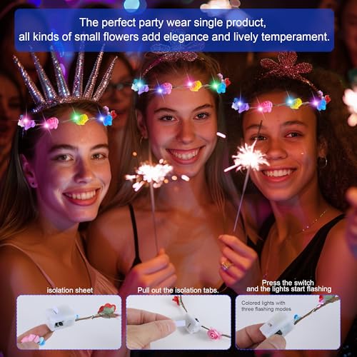 QSJQllo 20 Pcs LED Flower Crowns Headbands,Light Up Headbands For Women,Glow In The Dark Headband Wreath,Suitable For Birt...