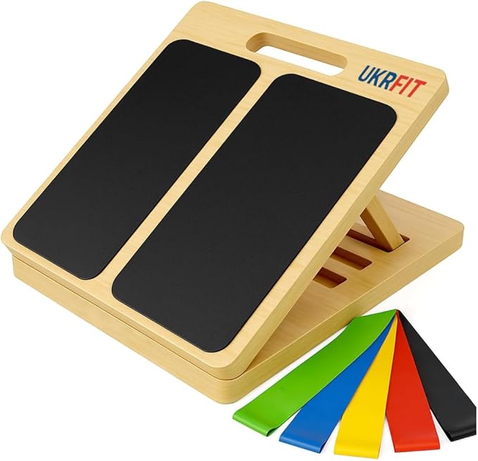 UKRFIT Adjustable Wooden Slant Board – Foldable, Non-Slip Calf Stretch & Balance Trainer with 5 Resistance Bands, Height-Adjustable Incline Board for Home Gym, Supports up to 110 kg