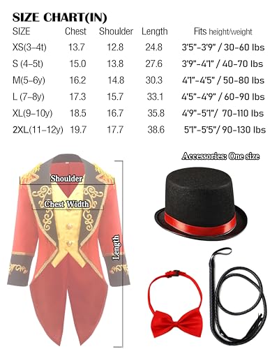 Kids Ringmaster Costume Circus Ring Master Cosplay Vest-Front Coat Outfit Halloween Dress Up 3-12 Years