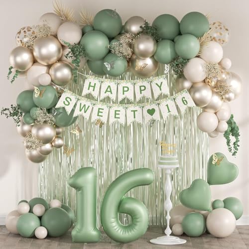 73pcs Sweet 16 Party Decorations, 16 Birthday Decorations with 16th Birthday Banner 16 Balloon Number Fringe Curtain Sage ...