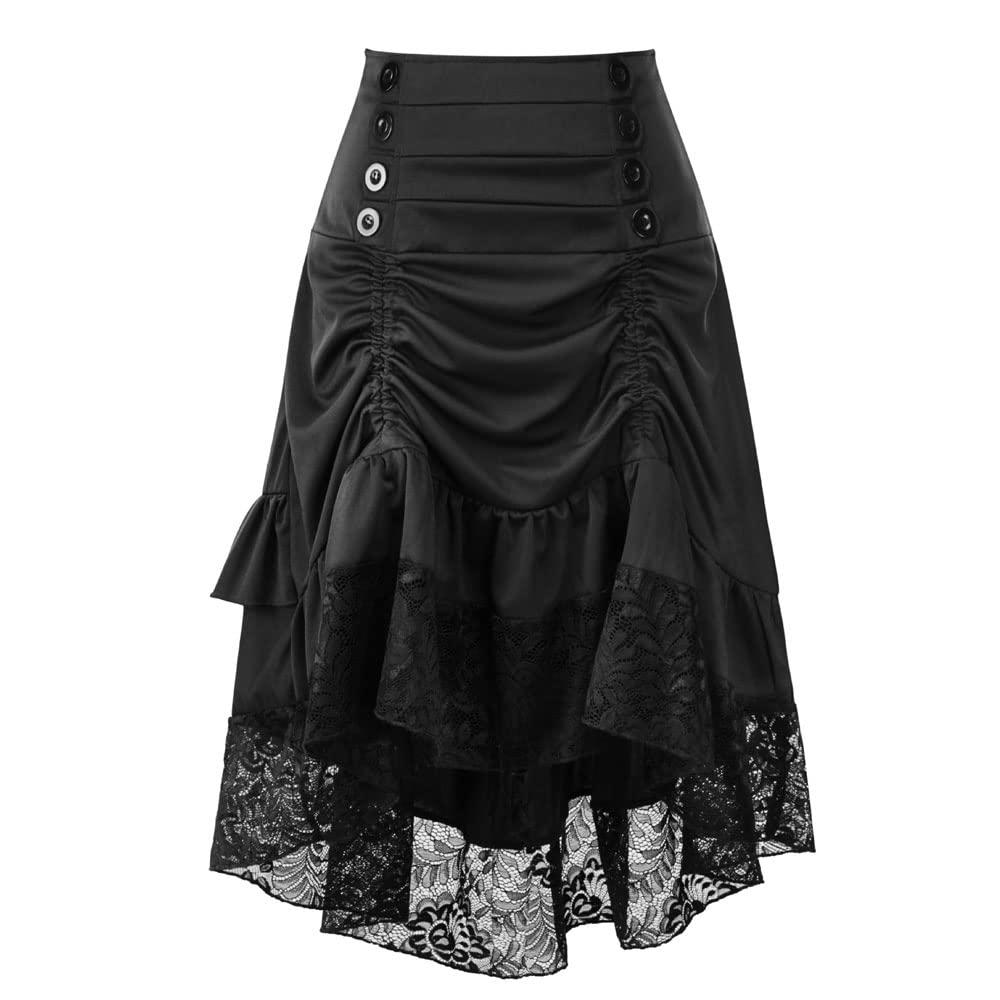 SUNGDOGIN Women Steampunk Victorian Renaissance Gothic Lace Ruffled Skirts (Small, Black)