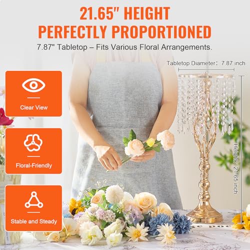 VEVOR 10PCS 55cm/21.65” Tall Crystal Wedding Flower Stand, Metal Wedding Centerpiece Vase, Gold Flower Holders Floral Disp...