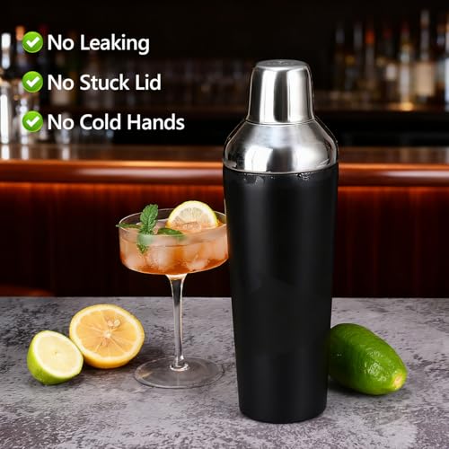 Etens Insulated Cocktail Shaker Black - 23oz Double Wall Vacuum Stainless Steel Martini Shaker with Built-in Strainer & Ji...