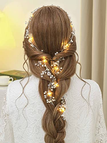 Yean Led Bride Wedding Hair Vine Long Light Up Bridal Headband Silver Crystal Hair Accessories Crystal Costume Party Headp...