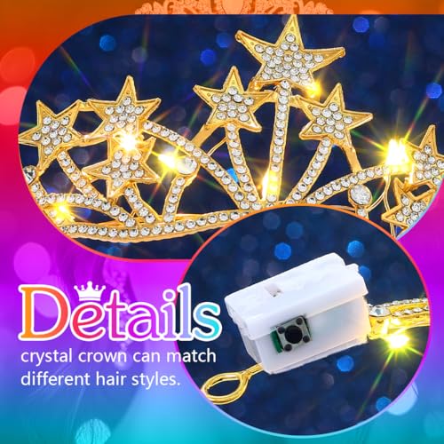 Urieo Light up Star Crown LED Crystal Tiara Headband Birthday Prom Hair Accessories for Women