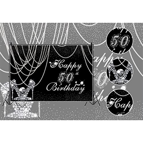 Women Happy 50th Birthday Black and Silver Backdrop for Photography 7x5ft Pearl Curtain Silver Diamond High Heels Sparkly ...