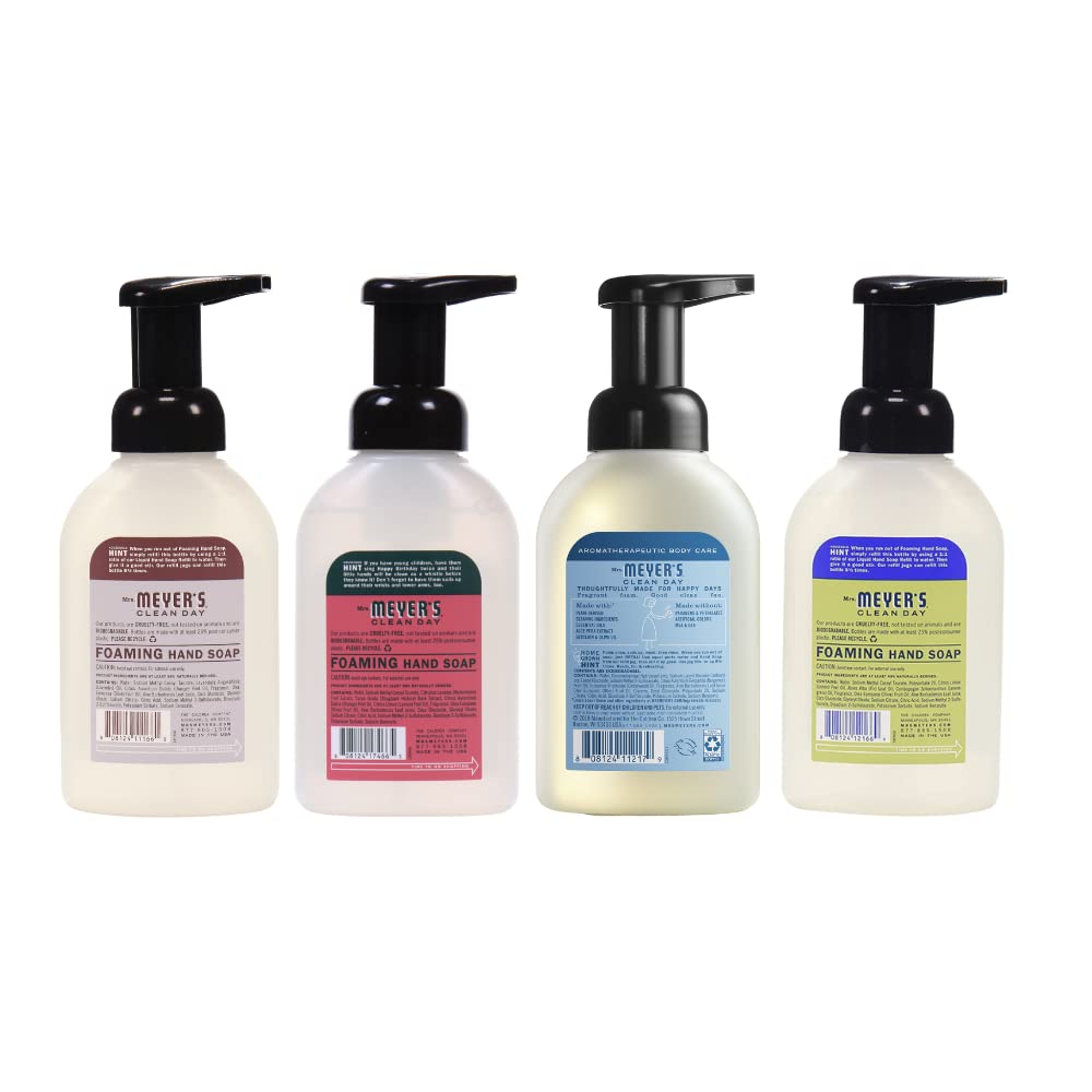 MRS. MEYER'S CLEAN DAY Foaming Hand Soap 4 Scent Variety Pack, 1 Rain Water, 1 Lavender, 1 Lemon Verbena, 1 Watermelon, 10 OZ Ea