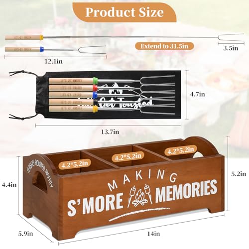 Smores Kit, S'Mores Station with 5 Extendable Marshmallow Roasting Sticks, Farmhouse Smores Caddy with Handles, Wood Smore...