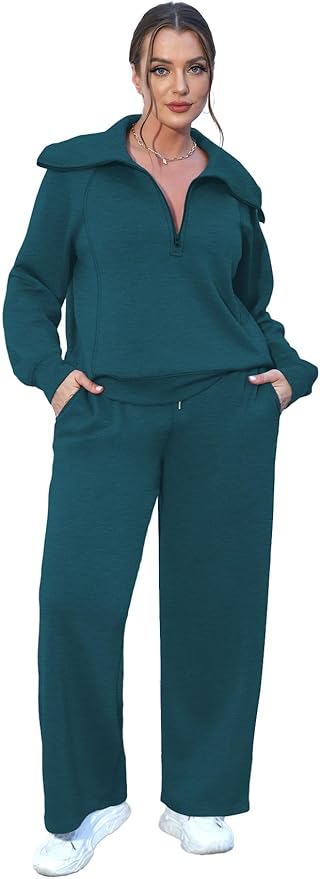 XIEERDUO Lounge Sets For Women 2025 Half Zip Sweatshirt And Wide Leg Sweatpant 2 Piece Outfits Sweatsuit Tracksuit