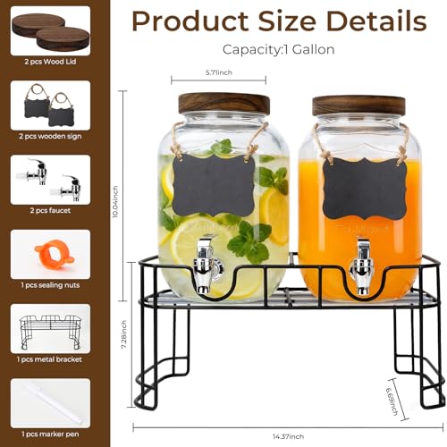 1 Gallon Drink Dispenser with Stand,2 Pcs Clear Glass Beverage Dispenser with Spigot, 2 pcs Wood Lid and Wooden Hangtags f...