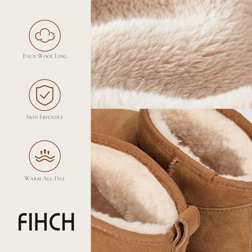 FIHCH Snow Boots for Men Genuine Suede Mens Winter Boots Outdoor Cozy Ankle Booties Faux Fur Lining Warm Fuzzy Footwear