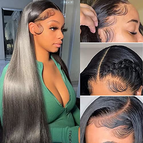 CHEETAHBEAUTY 13x6 Lace Front Wigs Human Hair 16Inch HD Transparent Lace Frontal Wigs 220% Density Brazilian Virgin Straight Human Hair Wigs for Women Pre Plucked with Baby Hair Natural Color