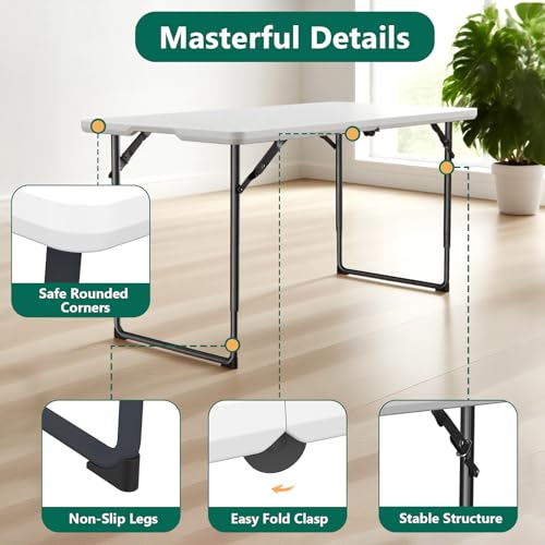 FurniEdge 4ft Folding Table with Adjustable Height, Heavy Duty Fold-in-Half Plastic Table with Steel Legs, Portable for In...