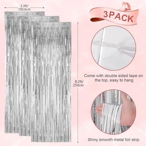 Voircoloria 3 Pack 3.3x8.2 Feet Silver Foil Fringe Backdrop Curtains, Tinsel Streamers Birthday Party Decorations, Fringe ...