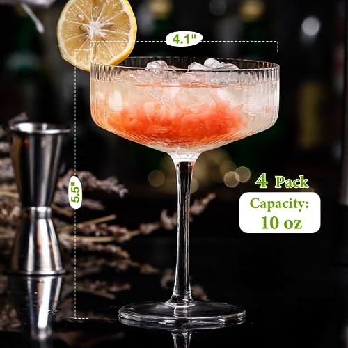 Qipecedm 4 Pcs Ribbed Coupe Glasses, 10 oz Vintage Coupe Glass Set, Unique Martini Glass, Classic Cocktail Galssware, Bar ...