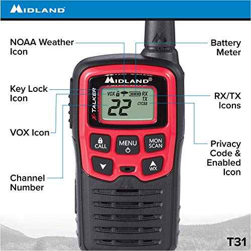 Midland T31VP 22 Channel FRS Walkie Talkie - Up to 26 Mile Range Two-Way Radio - Red/Black (Pack of 4)