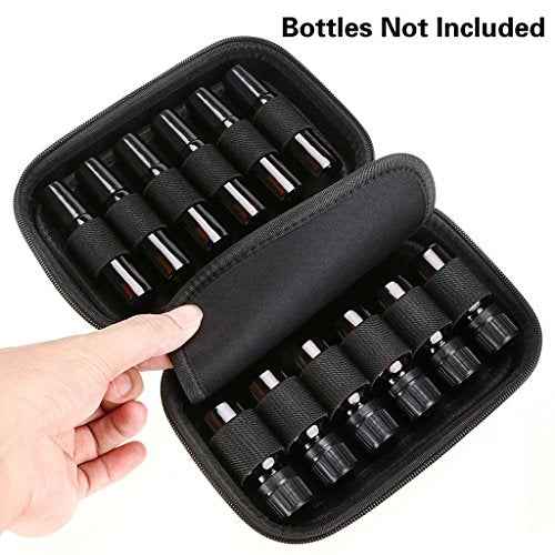 Hipiwe Hard Shell Essential Oil Carrying Case Holds 12 Bottles (Can hold 5ml, 10ml, &10ml Rollers) Travel Size Essential Oils Bag Organizer (Black)