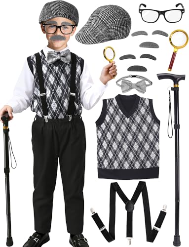 CONGRU 100 Days of School Costume for Boys,Old Man Costume for Kids Grandpa Vest Accessories Set