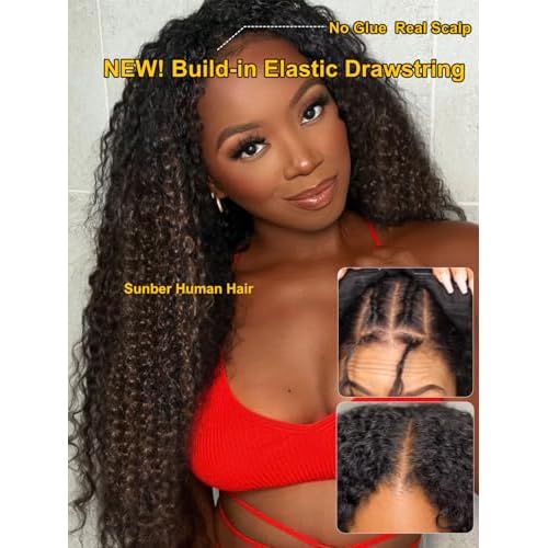 Sunber EasiContour V Part Curly Human Hair Wigs Ombre Brown with Drawstring Glueless 180% Density Upgrade No Leave Out Vpart No Gel Beginner Friendly Clip in Vpart Curly Wigs 14Inch