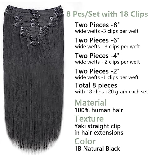 Yaki Straight Clip in Hair Extensions for Black Women Thick Light Yaki Straight Clip ins 100% Real Soft Human Hair 8Pcs Per Set with 18Clips Double Lace Weft,120Gram Natural Black (26Inch, #1B)