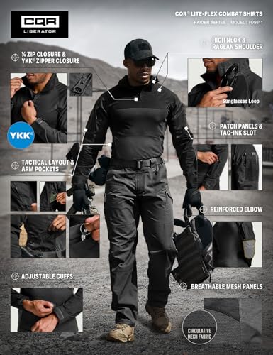 CQR Men's Combat Shirt Tactical 1/4 Zip Long Sleeve Military BDU Shirts Camo EDC Top with Pockets