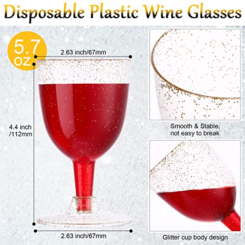 meekoo 50 Pcs 5.7oz / 170ml Disposable Plastic Wine Glasses, Gold Glitter Champagne Goblets Cocktail Cups for Weddings Bir...