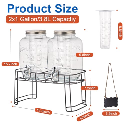 1 Gallon Glass Drink Dispensers for Parties, 2PACK Beverage Dispenser with Stand, Fruit Infuser and Stainless Steel Spigot...
