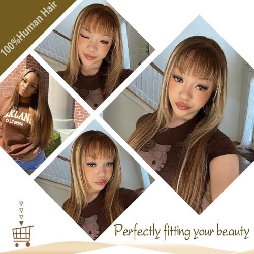 Highlight Ombre Human Hair Bundles with Closure 10A Highlight Brown Blonde 3 Bundle with 4X4 Closure Free Part (12 14 16+12Inch) Soft Straight Honey Brown Bundles Human Hair