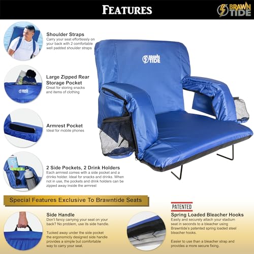 BRAWNTIDE Stadium Seat with Back Support - Comfy Cushion, Thick Padding, 2 Steel Bleacher Hooks, 4 Pockets, 2 Cup Holders,...
