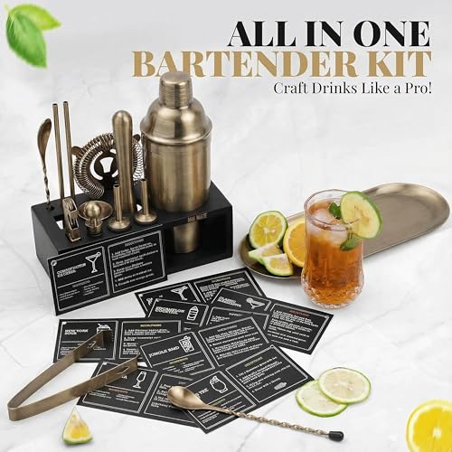 Brushed Brass Mixology Kit - 15 Piece Bar Tool Set, Silver Bar Set Cocktail Shaker Set for Drink Mixing - Includes Martini...