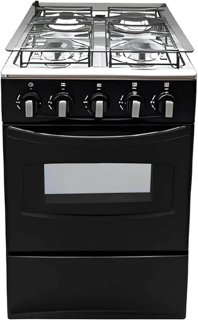 20" Freestanding LPG Oven - Equipped with 4 coil burners and Gas Stove with stainless steel oven (Black: Automatic ignition)