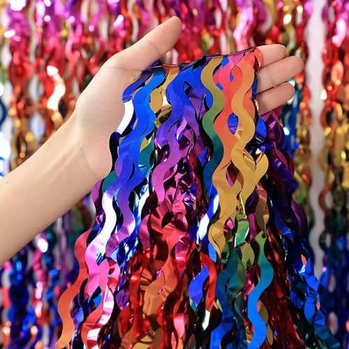3 Pack Colorful Foil Fringe Curtain Backdrop - 6.6 x 3.3 ft Wavy Rainbow Tinsel Backdrop Curtain Metallic Streamers Irides...
