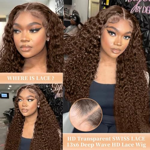 Chocolate Brown Lace Front Wigs Human Hair 13x6 Deep Wave Lace Front Wigs Human Hair 200 Density HD Colored Deep Curly Lace Frontal Wigs for Women Pre Plucked with Natural Hairline (20 inch)